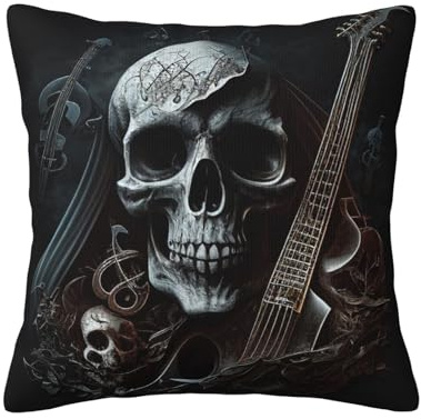 2er Set Kissenbezug Totenkopf Death Musik Rock Heavy Metal Cool Lustige Kopfkissenbezug Stilvolles Kissenhülle für Schlafzimmer Bett Couch 45X45cm