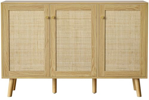Skokliz Modern Shoe Storage Cabinet 3 Doors, Hallway Buffet Cabinet Entryway Accent Cabinets, Sideboard Wood Credenza with Adjustable Shelves for Living Room, Kitchen