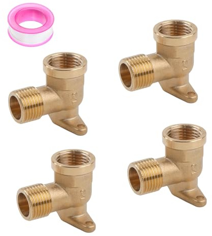 4 Stück 1/2 Zoll Wanddose Messing Bogen,1/2 Wandscheibe mit,Innen-Außengewindee für Wandanschluss + Dichtband - Gewindefitting für Wasser Wandanschluss, 90 Grad Winkel für Einfache Installation