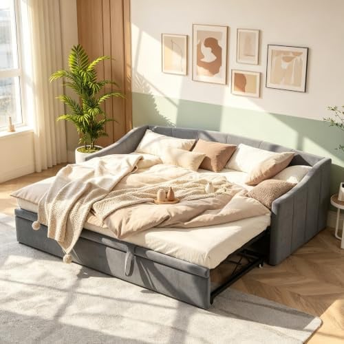 Liuyoyo Polsterbett Ausziehbares Schlafsofa 90/180x200 cm mit Lattenrosten, Multifunktionsbett aus hautfreundlichem Samtstoff Jugendbett Sofabett,Ohne Matratze,Grau