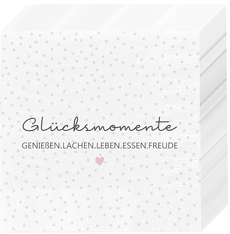 Servietten 'Glücksmomente' 80er Set | 33x33cm 3-lagig Papierserviette | weiß schwarz rosa grau Herz | Tischdeko für Freunde (1 x 80er Set Servietten Glücksmomente)