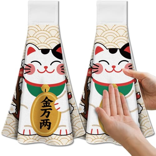 CUTHOLLOW 2er-Se Japanische Glückskatze Hängende Küchentücher t | Dekorative Handtücher mit Aufhängeschlaufe – Weiche & saugfähige Mikrofaser-Geschirrtücher für Küche, Bad oder Ofengriff