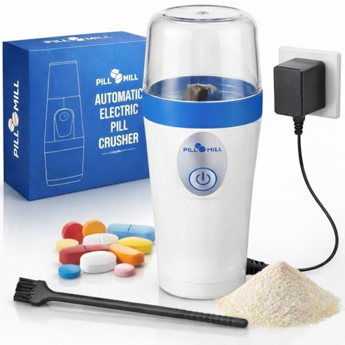 Kompakter Kleiner Elektrischer Tablettenzerkleinerer von Pill Mill - Feinpulver Elektronikpulverisierer für Kleine bis Große Medikamenten- und Vitamin-Tabletten, Reisefreundlich, Inkl Bürste