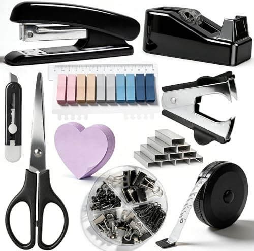 Büroartikel Set, Schreibtisch Set, Schreibtischzubehör 10 Kit, Mit Entklammerer,1 Schachteln von 1000 Heftklammern,Abroller, Schere, Bandmaß, Allzweckmesser, Clip, Haftnotizen