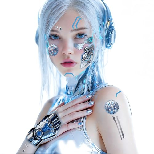 4er-Set Cyberpunk Gesichtstattoo Karneval| Temporäre Roboter Tattoo Gesicht für Erwachsene & Kinder | Roboter, KI, Alien, Weltraum Design | Festivals, Cosplay, Halloween Make-up Accessoires