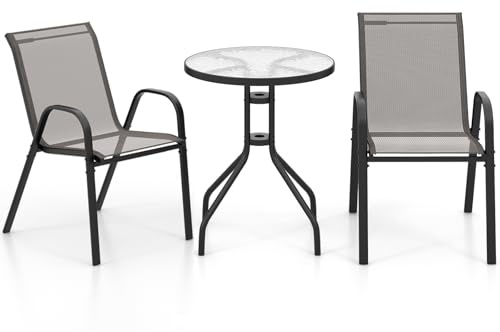 TANGZON 3 Pieces Patio Bistro Set, Outdoor Round Glass Dining Table and 2 Stacking Chairs, Metal Frame Garden Dining Furniture Sets for Backyard Balcony Porch Poolside Lawn (Grey)