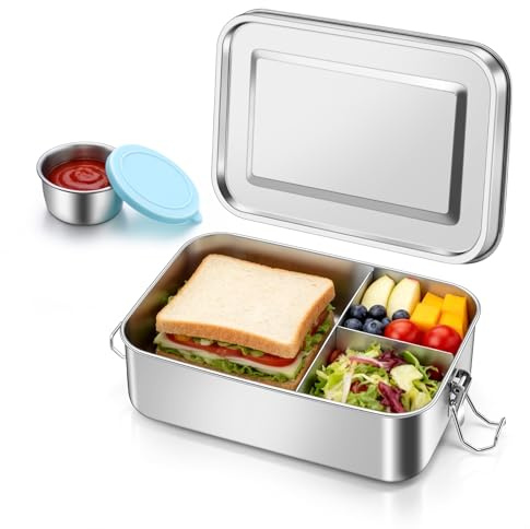 Onader Lunch Box 1400ML, Stainless Steel Metal Bento Box with Sauce Pot | Come with 1pc Removable Divider & Dressing Pot, Leak-Proof & Sturdy, for Kids & Adults Home Office School, Dishwasher Safe