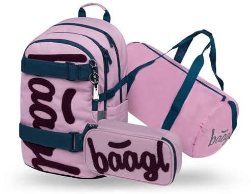 Baagl Schulrucksack Set Mädchen 3 Teilig Schultasche ab 3 Klasse - Rose