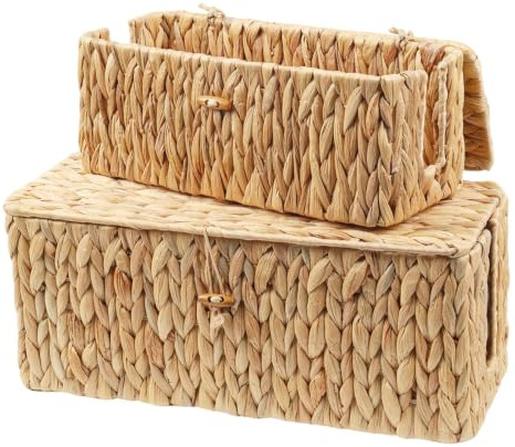 W&H 2 Stück Kabelbox, Kabelmanagement Box aus Wasserhyazinthe mit Deckel | Handgefertigter Kabel Organizer, Kabelaufbewahrung mit Seitlicher Öffnung zum Verstecken von Kabeln,Geeignet für Haus, Büro