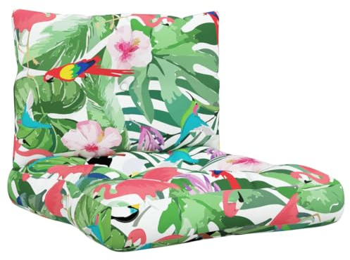 XHNIFBN Palettenkissen 2er Set Sitzkissen 60x61,5 cm und Rückenkissen 60x38 cm, Palettenpolster aus Oxford-Gewebe für Gartenmöbel und Palettensofa, Natur-Muster mit Vögeln und Blumen