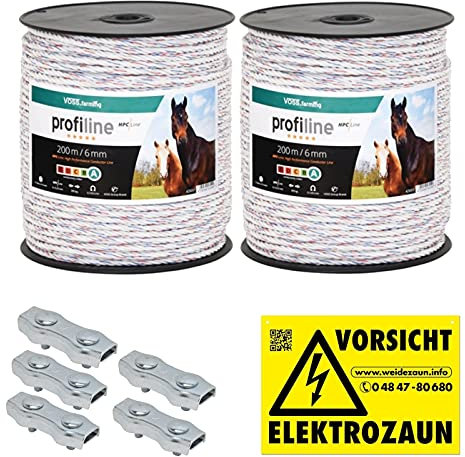 VOSS.farming 400m Kunststoffseil 6mm mit Seilverbindern Weidezaunseil Weidezaun Litze Kordel für Pferdezaun Pferdekoppel