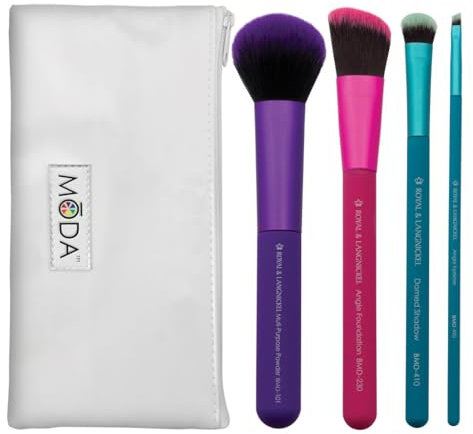 MODA Royal & Langnickel Ensemble complet de 5 pinceaux de maquillage avec pochette, comprend : poudre multi-usages, fond de teint angulaire, ombre bombée et pinceau de doublure d'angle Multicolore