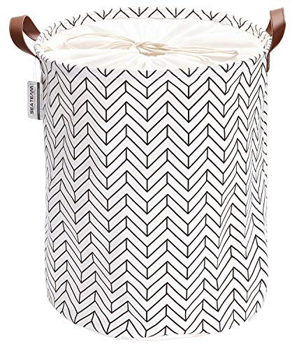 Sea Team Arrow Pattern Laundry Hamper Canvas Fabric Laundry Basket Collapsible Storage Bin with PU Leather Handles and Drawstring Closure, 19.7 by 15.7 inches, Waterproof Inner, Black