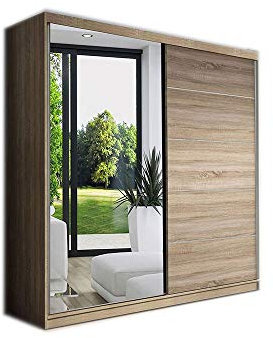 MOEBLO Kleiderschrank Schwebetürenschrank mit Spiegel 2-türig Schrank mit Einlegeböden und Kleiderstange Gaderobe Schiebtüren BxHxT 150x200x61 Lara 05 (Sonoma)