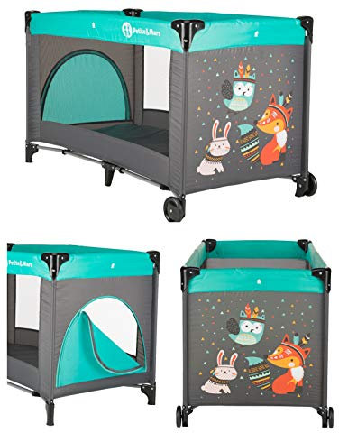 PM Petite&Mars Kinderreisebett KOOT * 120x60 * Babybetten, Kinderbett, Reisebett * Räder, tragbar, faltbar, Tasche * Modernes Design (Fox Aqua)