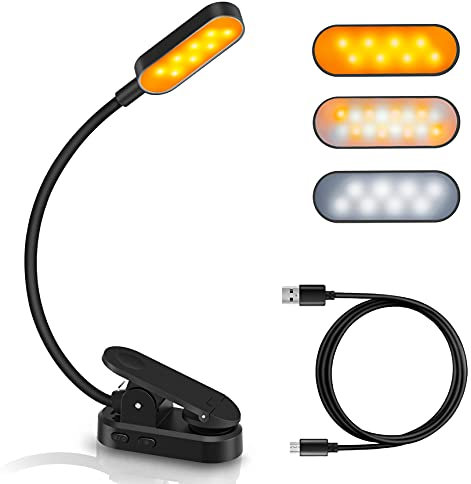 16 LED Book Light,Clip Light with Flexible Neck,USB Rechargeable Reading Light Clip on Book,Anti-Blue Light Eye Care Reading Lights for Books in Bed,Stepless Dimming,3 Color&3Brightness Modes