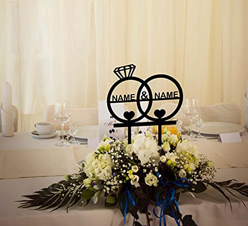 Cake Topper Blumenstecker Tortenstecker personalisiert mit Name Wunschtext Tortenaufleger - Tortenfigur - 13 MDF Holzfarben Eheringe - Dekorationswerkzeuge Tortendekorationssets - LOVE