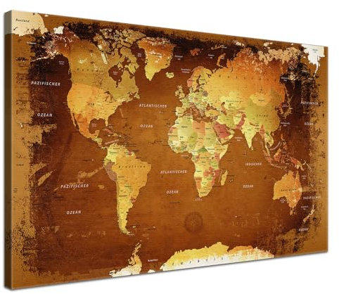 LANA KK - Premium Pinnwand Weltkarte - Retro Bunt - Deutsch - in 80 x 60 cm, stabile Rückwand zum Pinnen inkl. Starterkit - Leinwand-Kunstdruck Wandbild Landkarte XXL