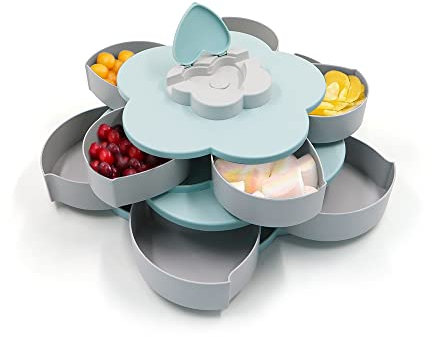 Betinyar Vassoio rotante per snack, creativo a forma di fiore, vassoio a forma di petalo a doppio piano con porta cellulare, vassoio per snack per casa, matrimonio, festa di Natale (blu)