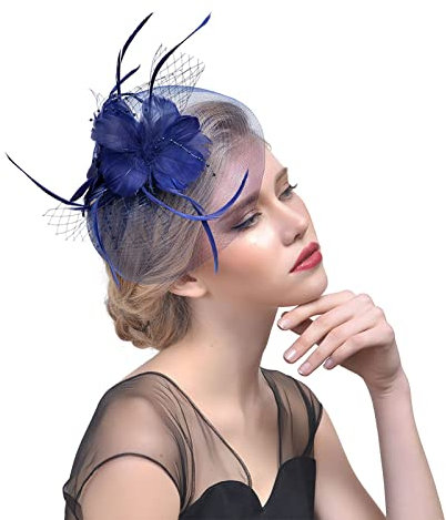 Fascinator Hüte für Frauen, Damen Fascinators Hut, Pillbox Hut mit Schleier Stirnband und Einer Gegabelten Clip für Tea Party Kopfbedeckung, Party Kirche Hochzeit Cocktail Jockey Club - Marineblau
