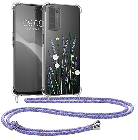 kwmobile Necklace Case kompatibel mit Oppo A74 (5G) / A54 (5G) Hülle - Silikon Cover mit Handykette - Lavendel Grün Transparent Blumenhalme Lavendel