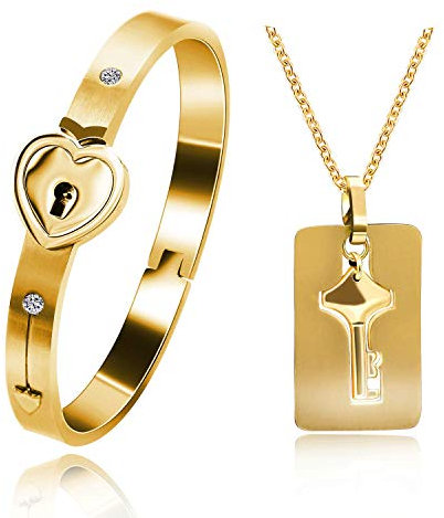 Tobestu Mens Womens Heart Lock Bangle Bracelets with Key Necklace Pendant for Girls Boys Gold Color Titanium Steel Bracelet and Necklace Set for Couples SN300