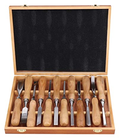 Holz Schnitzwerk Zeuge Set aus 12, CRV 60 Stahl Klingen Hochhärte Holz Bearbeitungs-Meißel-Set mit Hölzerner Aufbewahrung Koffer für Anfänger und Profis, für Holzblöcke, Basswood,