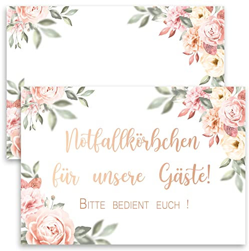 4x Notfallkörbchen Schilder Notfallkorb Schild Karte A6 Karten Feier Geburtstag Hochzeit Hochzeits Notfallset Party Spaß Deko Hochzeitsdeko Rosen Rose Aquarell Weiß Gold Vintage 30 40 50 60 70 80 90