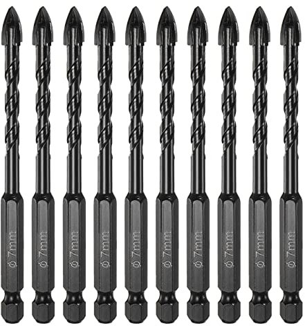 sourcing map 10pcs Masonry Drill Bits, 7mm Concrete Drill Bit 1/4 Hex Shank Ceramic Tile Drill Bit Carbide Tip for Brick, Glass, Plastic, Ceramic Tile, Wall Mirror, Black