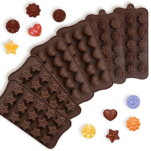 LIUCONGBD 6PCS Chocolate Moulds Silicone Candy Moulds, Heart Rose Flower Shape Jelly Mould Wax Melt Moulds, Non-Stick Star Shape Baking Mould for Cake Decoration Ice Cubes Soap Gummy