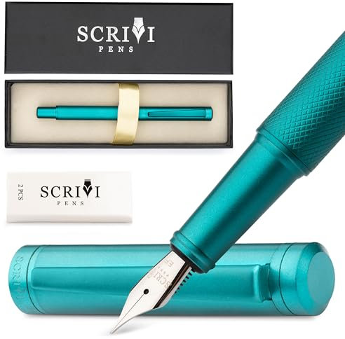 SCRIVI PENS Luxury Fountain Pen Set-[Green] Fountain Pens for Writing - Smooth Extra Fine Nib - Includes Refillable Ink Converter, 5 Ink Cartridges [Black & Blue], Gift Box - Elegant Calligraphy