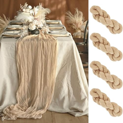 LOMOHOO Käsetuch Tischläufer Boho Gaze Beige Tischläufer Rustikale Deko118 Zoll Lang Tischläufer Stoff für hochzeitsbogen,Geburtstagsfeier,Tischdekoration Sekt,4stück 90x300cm