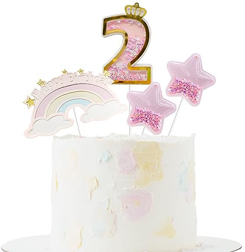 4Pcs Numbers 1-9 Cake Topper, 2nd Birthday Cake Toppers, Rainbow Little Stars for Birthday Party Wedding Anniversary Baby Shower Decoration (pink)