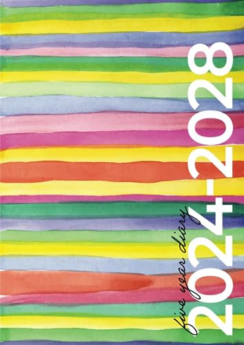 5 Year Diary 2024-2028 | A4 Modern Rainbow Watercolour: Month to View Planner with UK Holidays, Moon Phases, Birthdays & Celebrations, Contacts, Passwords (Five Years)