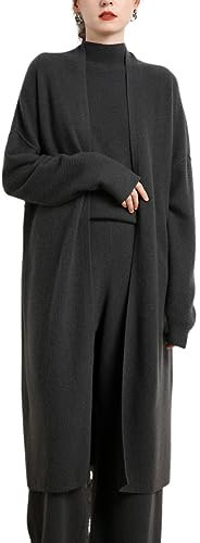 DISSA Gilet Cachemire Femme Col V Gris Long Tricoté en Vrac Manches Longues épais Cardigan en Cachemire et Laine,Taille Unique,MZ2312
