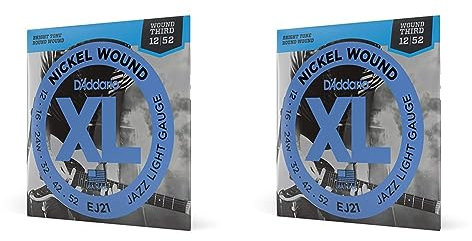 D'Addario Cuerdas Guitarra Electrica | Cuerdas de Guitarra | EJ21, cuerdas con entorchado en níquel para guitarra eléctrica, blandas para Jazz, 12-52 (Paquete de 2)
