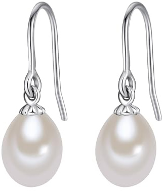 Lulu Jane Damen Ohrringe aus 925/- Sterling Silber mit tropfenförmig Süßwasser-Zuchtperle ca. 8-9 mm Perlenohrhänger silber