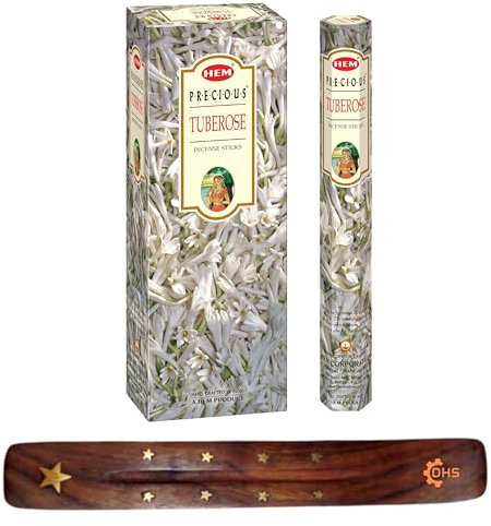 HEM Räucherstäbchen PRECIOUSTuberose Full box of 6 with DHS incense stick holder for Yoga, Meditation, Healing, Spirituality, Aromatherapy, Incense Spa and Relaxation