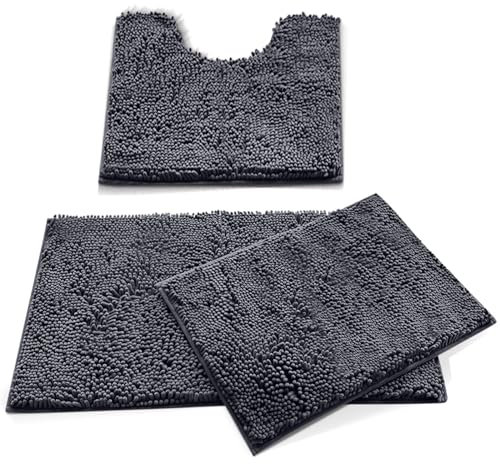 MEGAROOM Non Slip Chenille Bath Mat Sets 3 Pieces - Soft and Anti Mould Bath Mats for Safety and Comfort - Water Absorbent and Quick Drying - Bathroom Carpet Set with U-Shaped Toilet Mat(Dark Grey)
