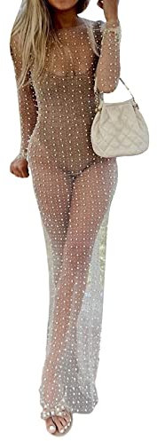 Qianderer Women's Sexy Sheer Mesh Pearl Rhinestone Cover Up Dress Summer Beach Swimwear Bikini Bathing Suit Cover Ups (Aa Skin, L)