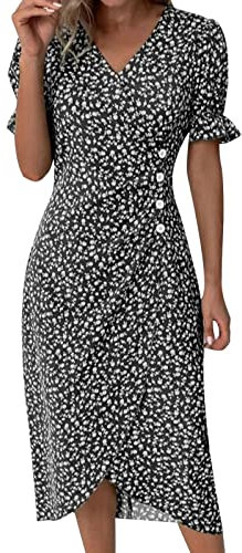 robe ete femme mi longue robe boheme chic mariage invité femme manche courte volants robe de plage femme sexy col v casual midi robe portefeuille femme cache coeur cintrée asymétrique (Black, L)