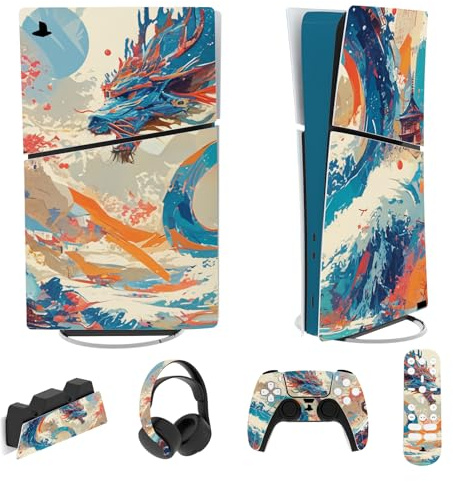 PlayVital Full Set Skin Sticker for ps5 Slim Console Digital Edition (The New Smaller Design), Vinyl Skin Decal Cover for ps5 Controller & Headset & Charging Station & Media Remote - Dragon's Elysium