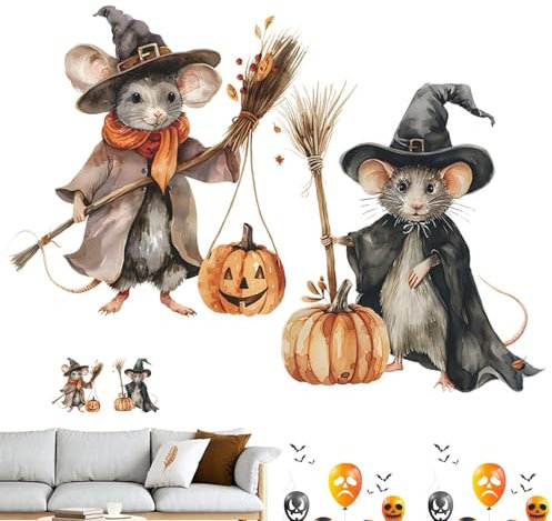 Tuxxjzm Mice Wall Stickers, Removable Wall Paintings, Cartoon Mice Wall Stickers, Halloween Cartoon Broom Wall Art, Halloween Decor for Nursery, Home, Nursery, Classroom