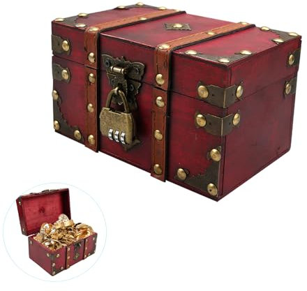 MytaYt Coffre au Tresor en Bois Petite Vintage Boite en Bois avec Cadenas de Passe Coffre de Rangement en Bois Enfant avec Couvercle Coffre Trésor Pirate, Rouge Profond - 18x11x10cm