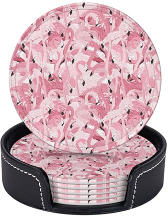 Rosa Flamingo-Untersetzer für Getränke, Set mit 6 Stück, rosa sich wiederholendes Muster, handbemalte Getränketisch-Untersetzer für Küche, Kaffee-Dekor