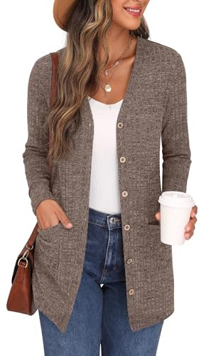 GRECERELLE Damen Leichte Strickjacke Lang mit Taschen und Knöpfen Long Elegant Cardigan V-Ausschnitt Knopfleiste mit Taschen für Damen (Rosa, S)