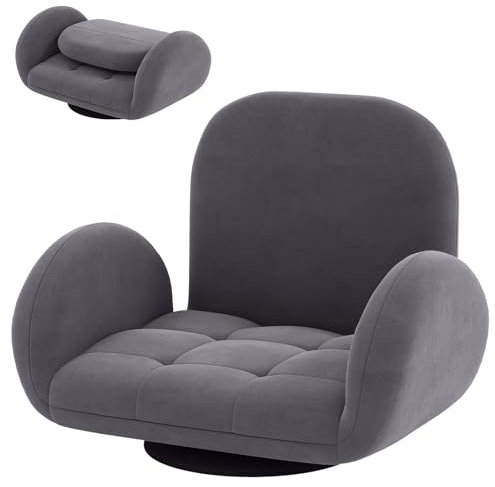 RELAX4LIFE Folding Floor Chair, Lazy Sofa Bed Seat with Adjustable Backrest & Armrests, Upholstered Recliner Lounge Chair Sleeper Couch for Gaming Reading Meditation (with Swivel Base, Grey)