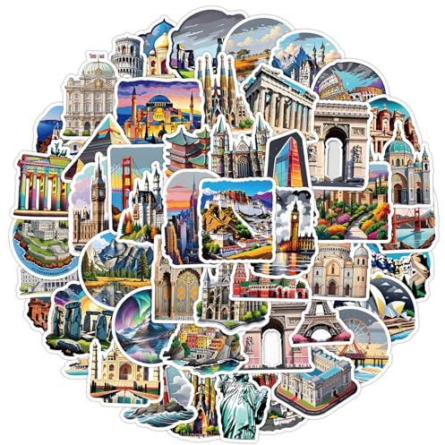 50 Stück Weltweite Kennzeichen Aufkleber Pack World Landmark Sticker Set wasserdichte Vinyl Sticker für Laptop Kinder Autos Motorrad Fahrrad Skateboard Gepäck Koffer Computer Aufkleber Graffiti Decal