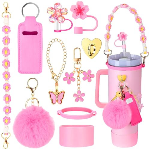 10PCS Travel Cup Accessories Pink Accessories for Cup Includes Cup Straw Cover Water Bottle Handle Strap Cup Boot Pendant Cup Chain and Plush Ball Suitable for Stanley Cup 40oz & 30 oz Tumbler