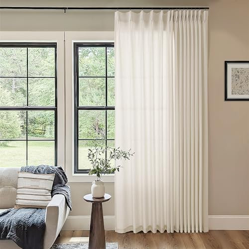 Extra Wide Pinch Pleat 100 x 84 Inch Linen Curtains for Living Room Cream Beige Light Filtering Semi Sheer Pleated Drapes Curtains for Patio Glass Sliding Door Dining Large Window Oatmeal 100x84